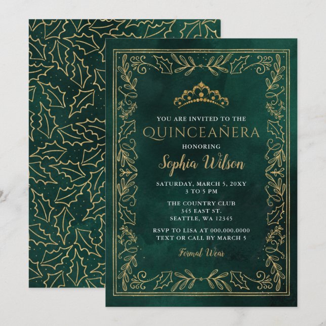 Holly Green Gold Princess Tiara Quinceañera  Invitation (Front/Back)