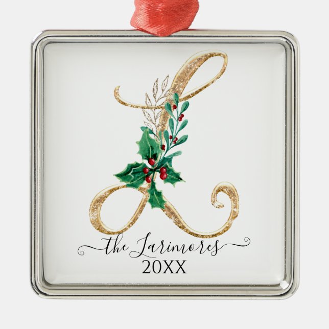 Holly Greenery Monogram L Gold Glitter Christmas Metal Ornament (Front)