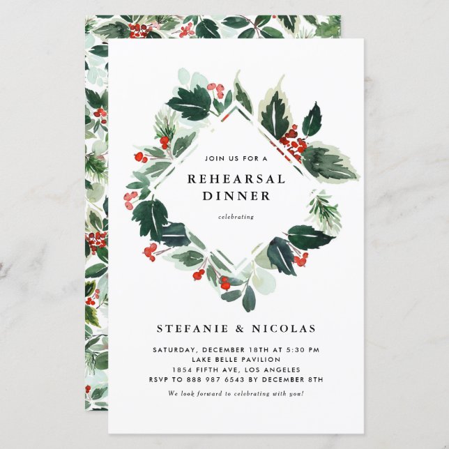 Holly Greenery Winter Rehearsal Dinner Invitation (Front/Back)