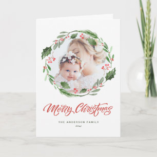Holly Greenery Wreath Circle Photo Merry Christmas Holiday Card