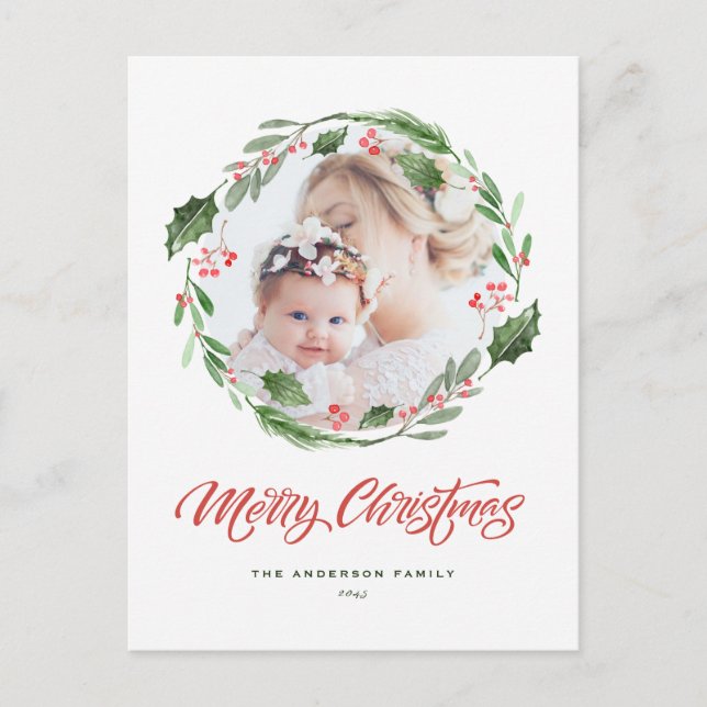 Holly Greenery Wreath Circle Photo Merry Christmas Holiday Postcard (Front)