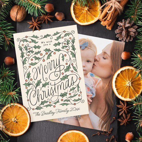 Holly Hand_lettered Merry Christmas  Holiday Card