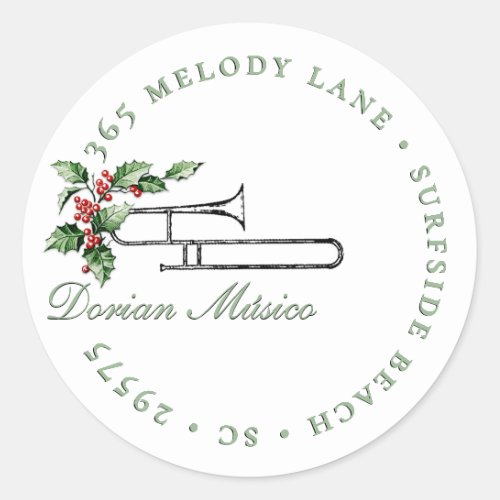 Holly Horn Music Holiday Christmas Green Address Classic Round Sticker