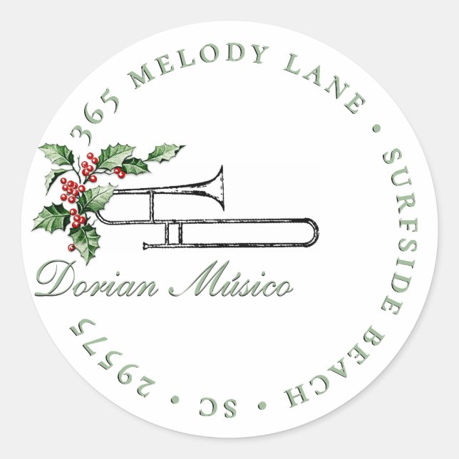 Holly Horn Music Holiday Christmas Green Address Classic Round Sticker (Front)