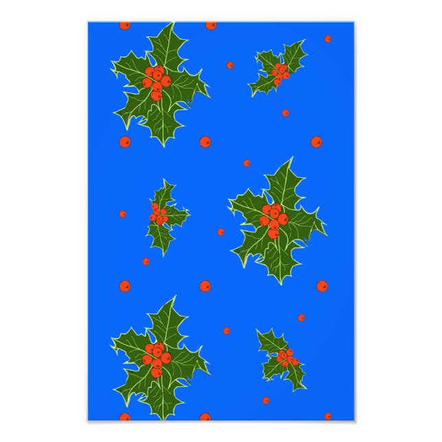 Holly (Ilex) Christmas Motif on Blue Background   Photo Print (Front)
