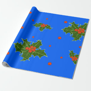 Holly (Ilex) Christmas Motif on Blue Background Wrapping Paper
