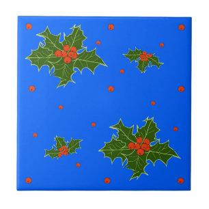 Holly (Ilex) Christmas Motif on Festive Blue  Ceramic Tile