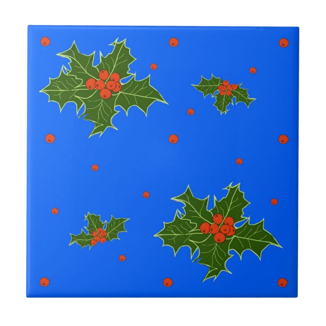 Holly (Ilex) Christmas Motif on Festive Blue  Ceramic Tile (Front)