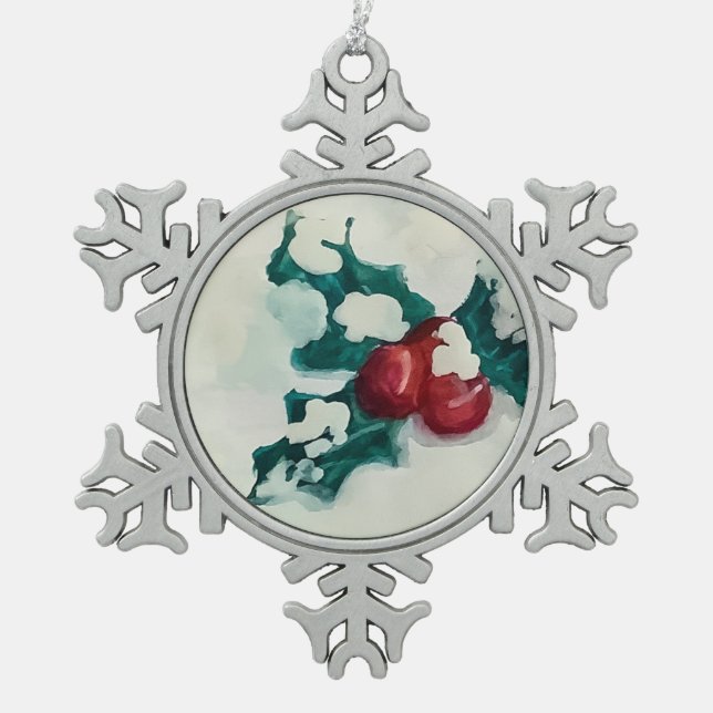 Holly in Snow Snowflake Pewter Christmas Ornament (Front)