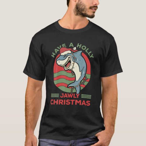 Holly Jawly Christmas Santa Hat Shark Retro Sunset T_Shirt