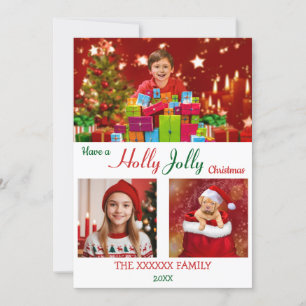Holly Jolly 3 Photo Christmas Chic Gold Confetti Holiday Card