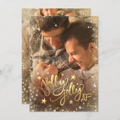 Holly Jolly AF  Shiny Faux Foil Gold 2 Photo Holiday Card
