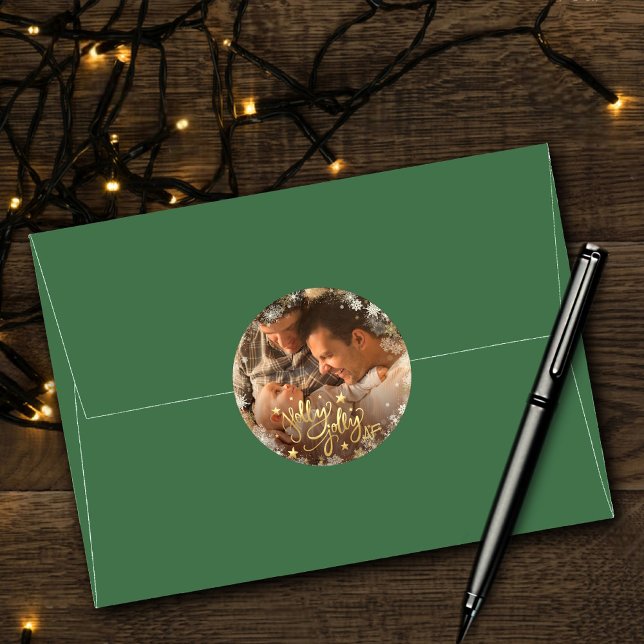 Holly Jolly AF | Shiny Faux Gold Foil Photo Classic Round Sticker (Creator Uploaded)