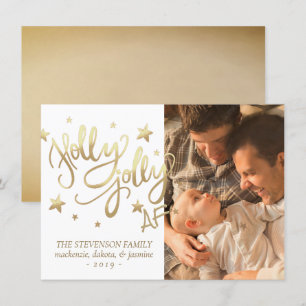 Holly Jolly AF Shiny Faux Gold Foil Photo Holiday Card