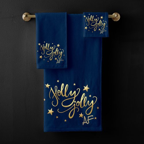Holly Jolly AF  Shiny Gold Faux Foil Script Bath Towel Set