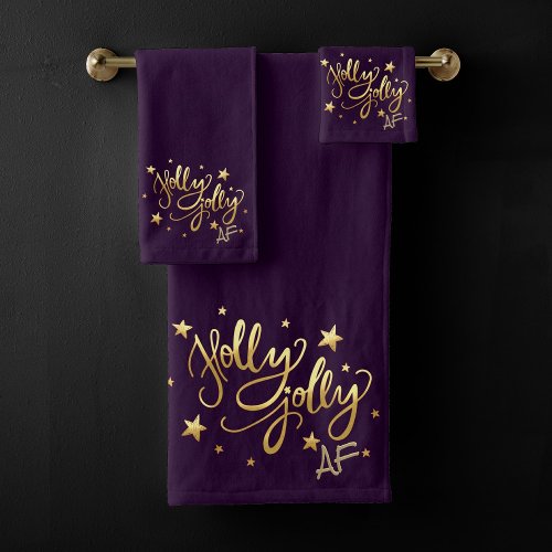 Holly Jolly AF  Shiny Gold Faux Foil Script Bath Towel Set