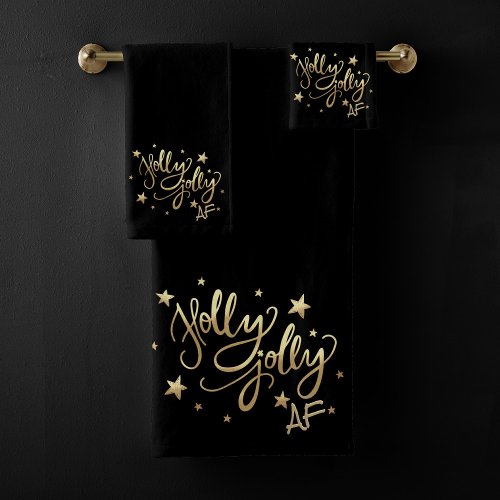 Holly Jolly AF  Shiny Gold Faux Foil Script Bath Towel Set