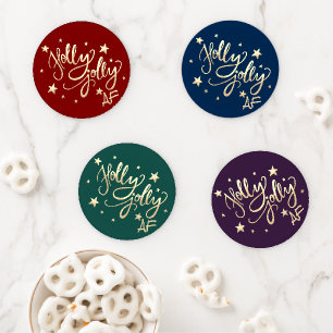 Holly Jolly AF   Shiny Gold Faux Foil Script Coaster Set