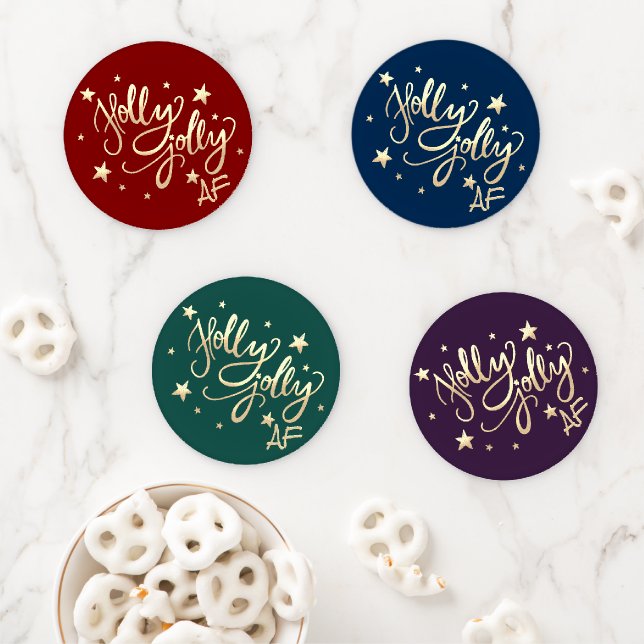 Holly Jolly AF | Shiny Gold Faux Foil Script Coaster Set (In Situ)