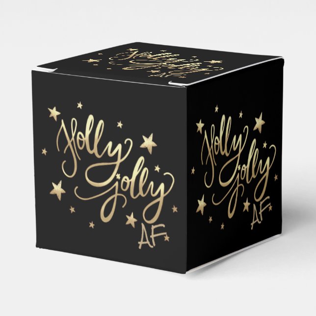 Holly Jolly AF | Shiny Gold Faux Foil Script Favor Boxes (Front Side)
