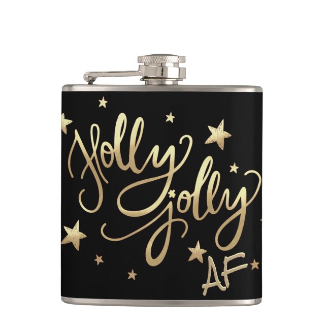 Holly Jolly AF | Shiny Gold Faux Foil Script Flask (Front)