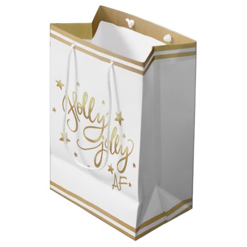 Holly Jolly AF  Shiny Gold Faux Foil Script Medium Gift Bag