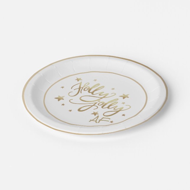 Holly Jolly AF | Shiny Gold Faux Foil Script Paper Plates (Angled)