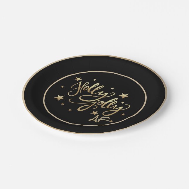 Holly Jolly AF | Shiny Gold Faux Foil Script Paper Plates (Angled)