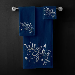 Holly Jolly AF   Shiny Silver Faux Foil Script Bath Towel Set