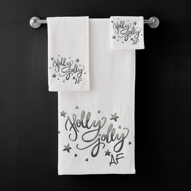 Holly Jolly AF | Shiny Silver Faux Foil Script Bath Towel Set (Creator Uploaded)
