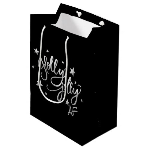 Holly Jolly AF  Shiny Silver Faux Foil Script Medium Gift Bag