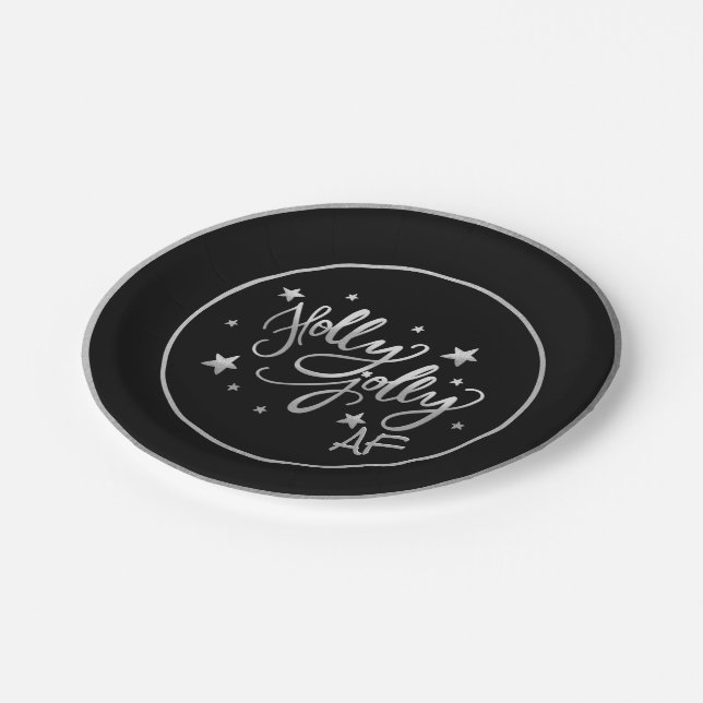 Holly Jolly AF | Shiny Silver Faux Foil Script Paper Plates (Angled)