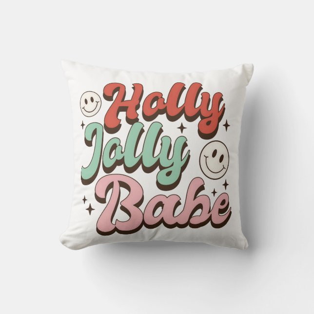 Holly Jolly Babe Groovy Christmas Throw Pillow (Front)