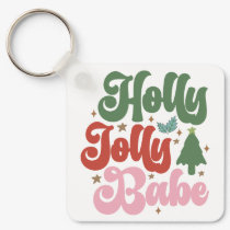 Holly Jolly Babe Retro Groovy Christmas Holidays Keychain