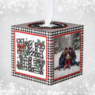 Holly Jolly Black Red Plaid Family 3 Photo Modern Cube Ornament