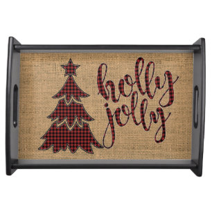 holly jolly Buffalo Plaid Christmas Tree Serving Tray