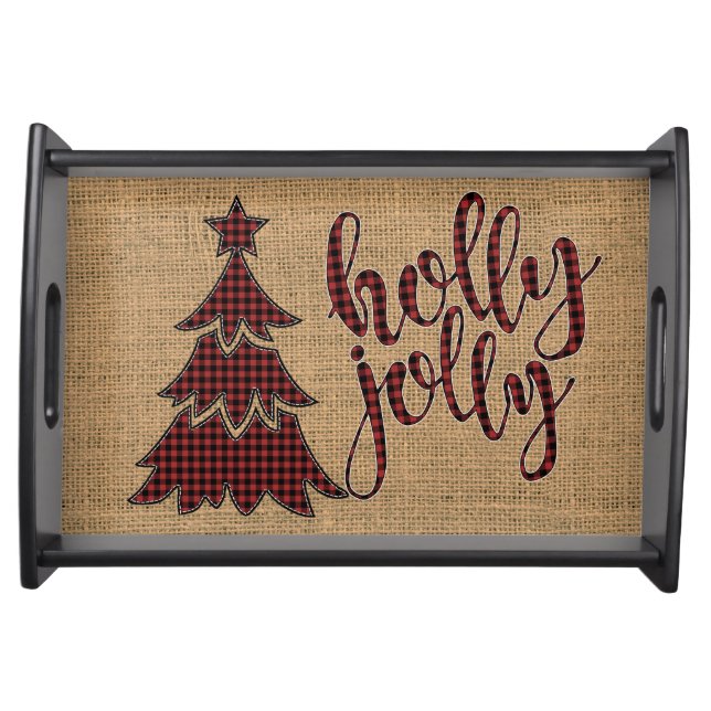 holly jolly Buffalo Plaid Christmas Tree Serving Tray (Front)