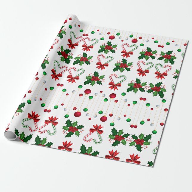 Holly Jolly Candy Cane Hearts Wrapping Paper (Unrolled)
