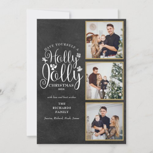 Holly Jolly Chalkboard 3 Photo Collage Holiday Card