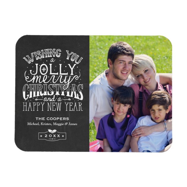 Holly Jolly Chalkboard Typography Christmas Photo Magnet