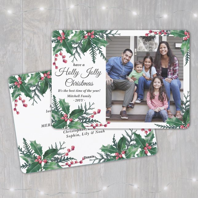 Holly Jolly Christmas 1 Photo Winter Foliage Holiday Card (Creator Uploaded)