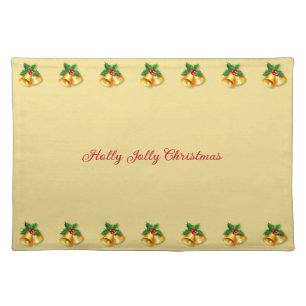 Holly Jolly Christmas & Bells on Golden Beige Cloth Placemat