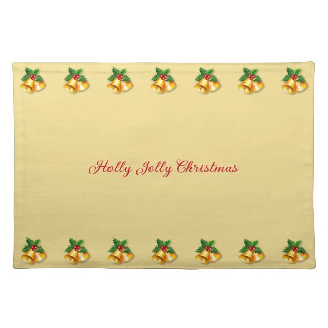 Holly Jolly Christmas & Bells on Golden Beige Cloth Placemat (Front)