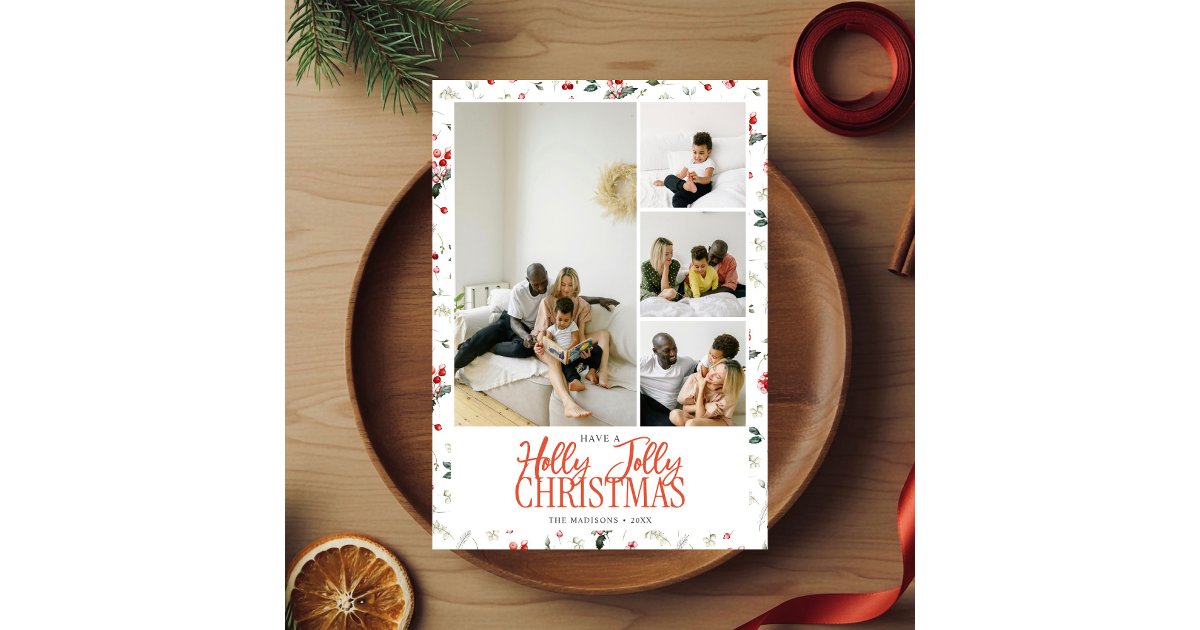 Jolly Christmas Script Holly Jolly Christmas Brush Script 5 Photo Holiday Card | Zazzle