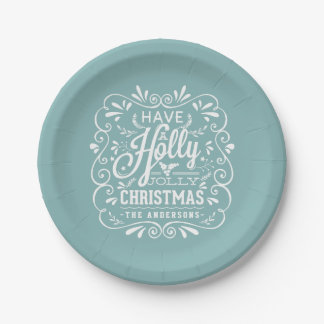 Holly Jolly Christmas Chalk Art Holiday Blue Party Paper Plates