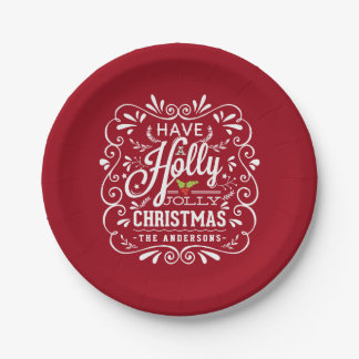 Holly Jolly Christmas Chalk Art Holiday Red Party Paper Plates