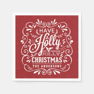Holly Jolly Christmas Chalk Art Red Paper Napkins