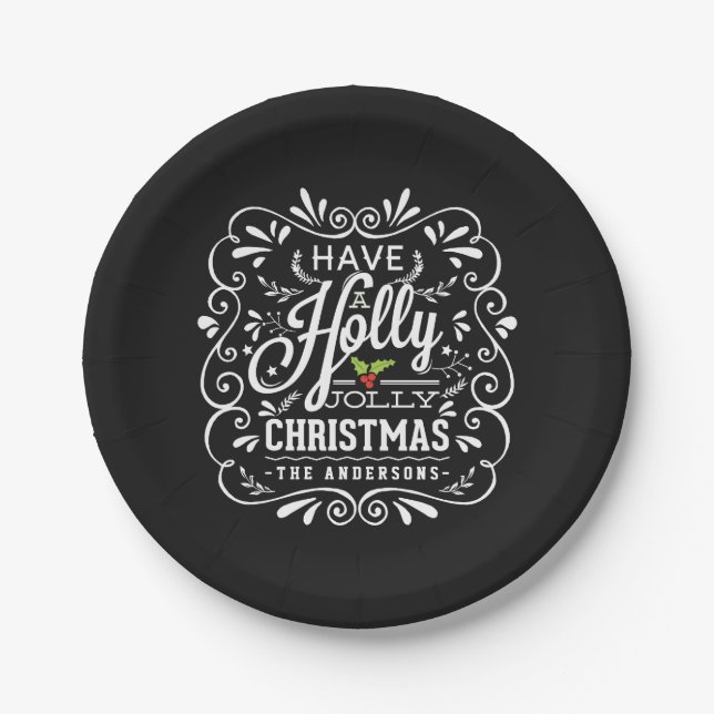 Holly Jolly Christmas Chalkboard Holiday Party Paper Plates (Front)