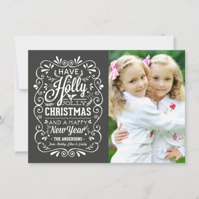 Holly Jolly Christmas Chalkboard Photo Card (Front)