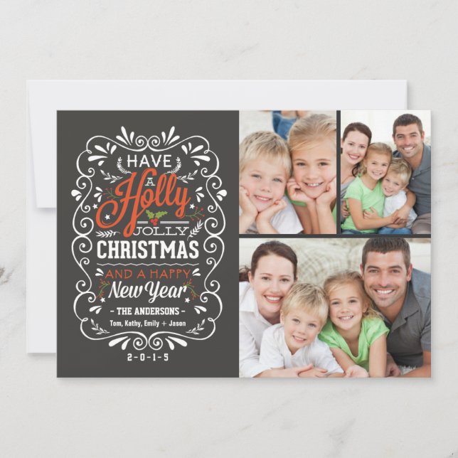 Holly Jolly Christmas Chalkboard Photo Collage Holiday Card (Front)